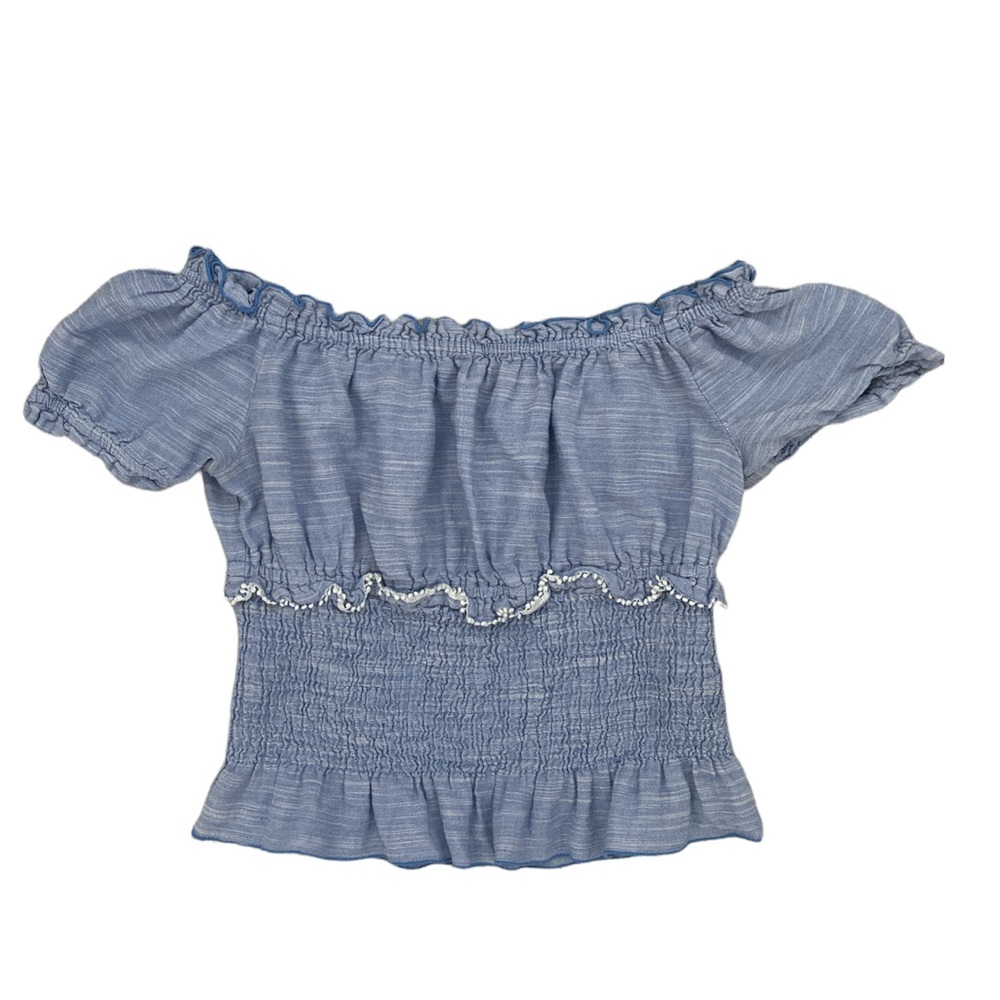 Zara Basic Denim Small Off The Shoudler Blouse XS Ruched crop top ruffles Z1975